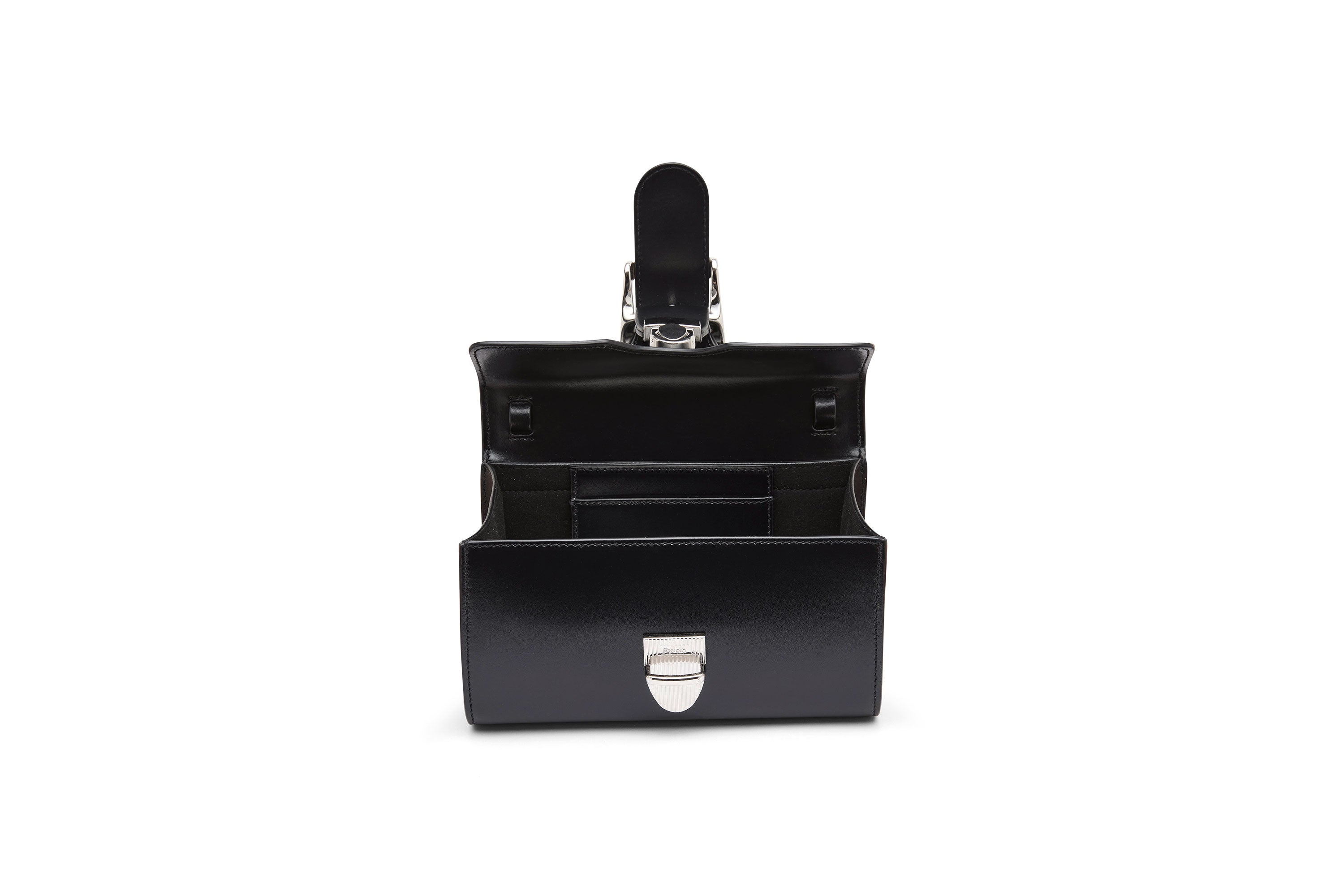 10.1S Black Mini Satchel with Flat Handle and Silver Buckle