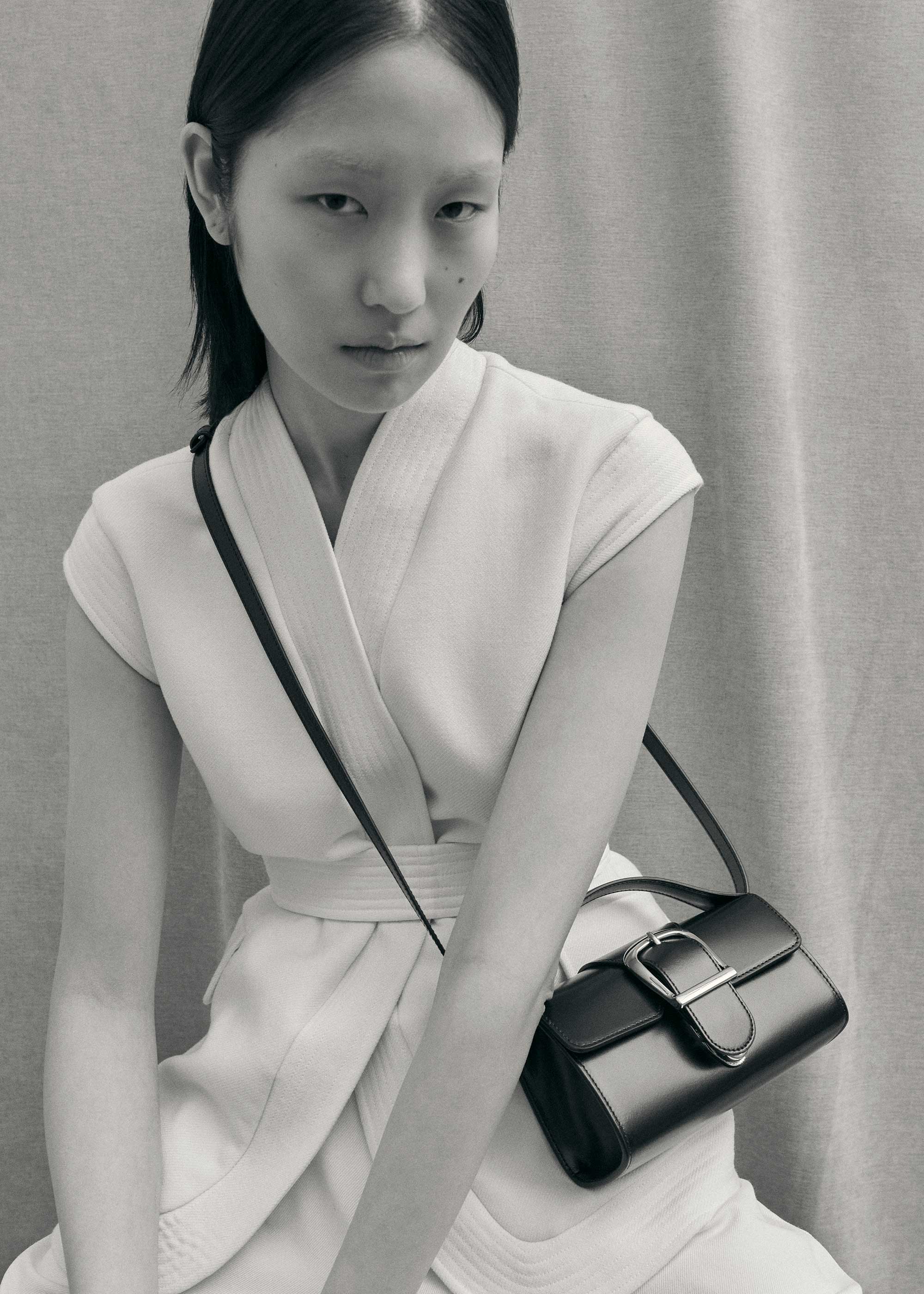10.1S Black Mini Satchel with Flat Handle and Silver Buckle